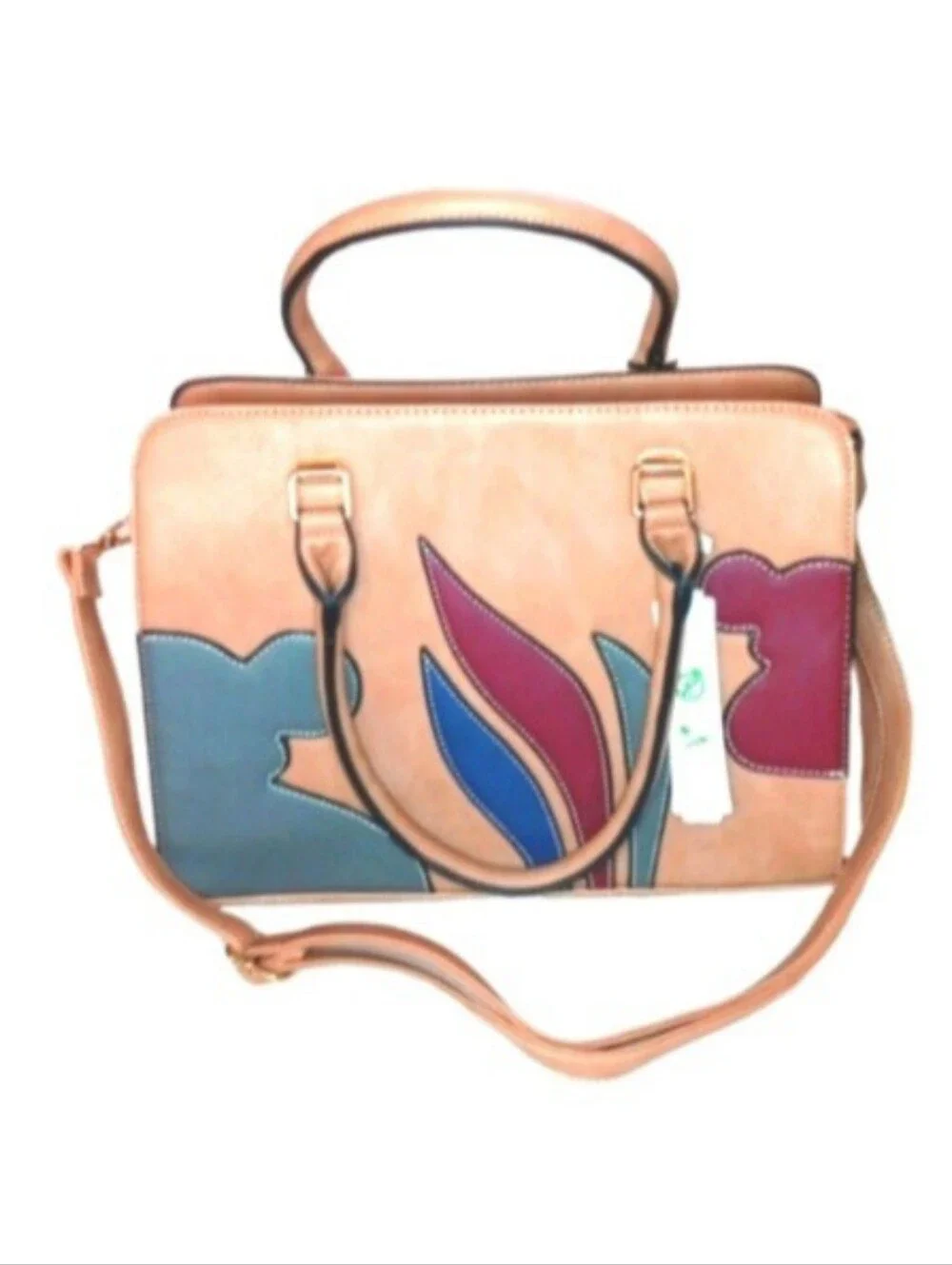 Faux Leather Large Camel Satchel Shoulder Bag | Patchwork